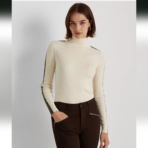NWOT Lauren Ralph Lauren Cream Turtleneck Faux Leather Brown Trim Medium Petite